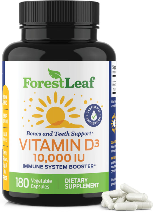 Pre-Order | Arrives in 5–10 Days – ForestLeaf Vitamin D3 10,000 IU | VIT D - VIT D3 Vitamin D Supplements for Women and Men | Bone Health, Teeth and Immune Support | Easy to Swallow Pills | High Potency Daily, 6-Month Supply, 180 Caps