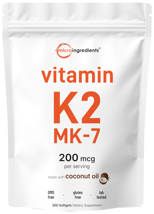 Pre-Order | Arrives in 5–10 Days – Micro Ingredients Vitamin K2 MK-7 Supplement, 200 mcg Per Serving, 300 Coconut Oil Softgles | Easily Absorbed, Active Menaquinone Form | Immune, Joint, & Heart Support | Non-GMO