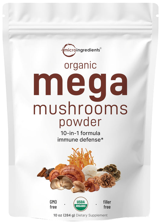 Pre-Order | Arrives in 5–10 Days – Micro Ingredients Organic Mega Mushroom 10 in 1 Complex Formula Powder for Immune System Booster, 10 Ounce (284 Days Supply), Chaga, Lions Mane, Cordyceps, Reishi & More, Filler Free, Vegan