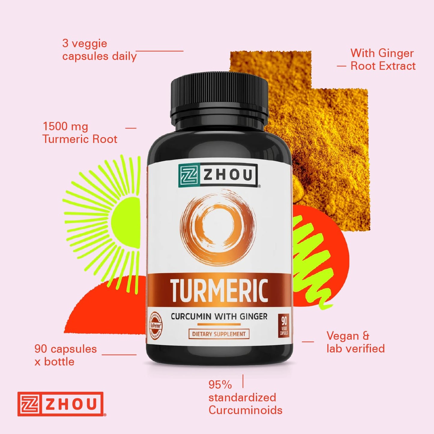 Pre-Order | Arrives in 5–10 Days – Zhou Turmeric Curcumin with Ginger - Turmeric and Ginger Supplement for Women and Men, Curcuminoids with Black Pepper Extract for Digestion and Digestive Health - 90 Veggie Capsules