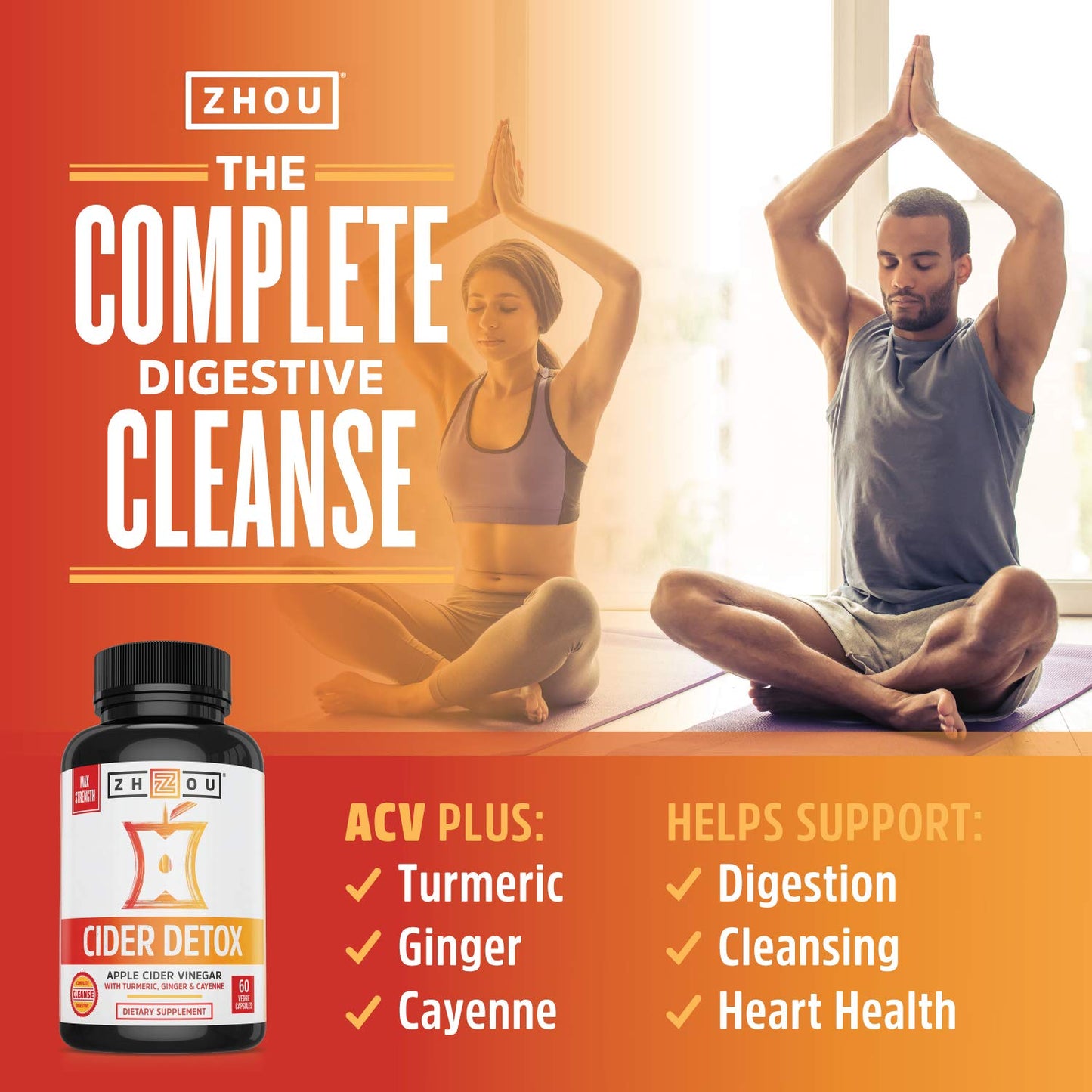 Pre-Order | Arrives in 5–10 Days – Zhou Cider Detox - Apple Cider Vinegar Capsules with Mother, Raw Natural ACV Pills for Women & Men, Herbal Complex Supplement with Turmeric & Cayenne Pepper - 60 Vegan Capsules