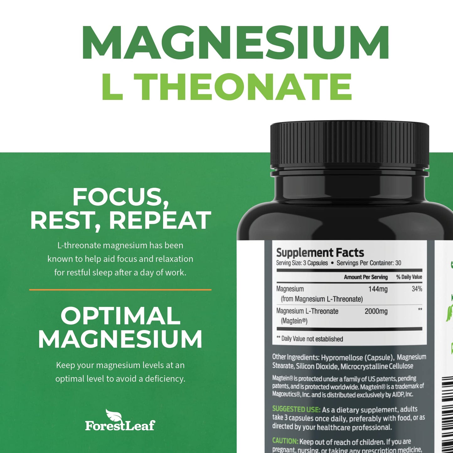 Pre-Order | Arrives in 5–10 Days – Forest Leaf Magnesium L-Threonate Magtein Capsules - 2000mg Magnesium Threonate Supplement Supports Cognitive Function, Focus, Brain, Deep Calm and Sleep for Men & Women | 90 Powder Veg Caps