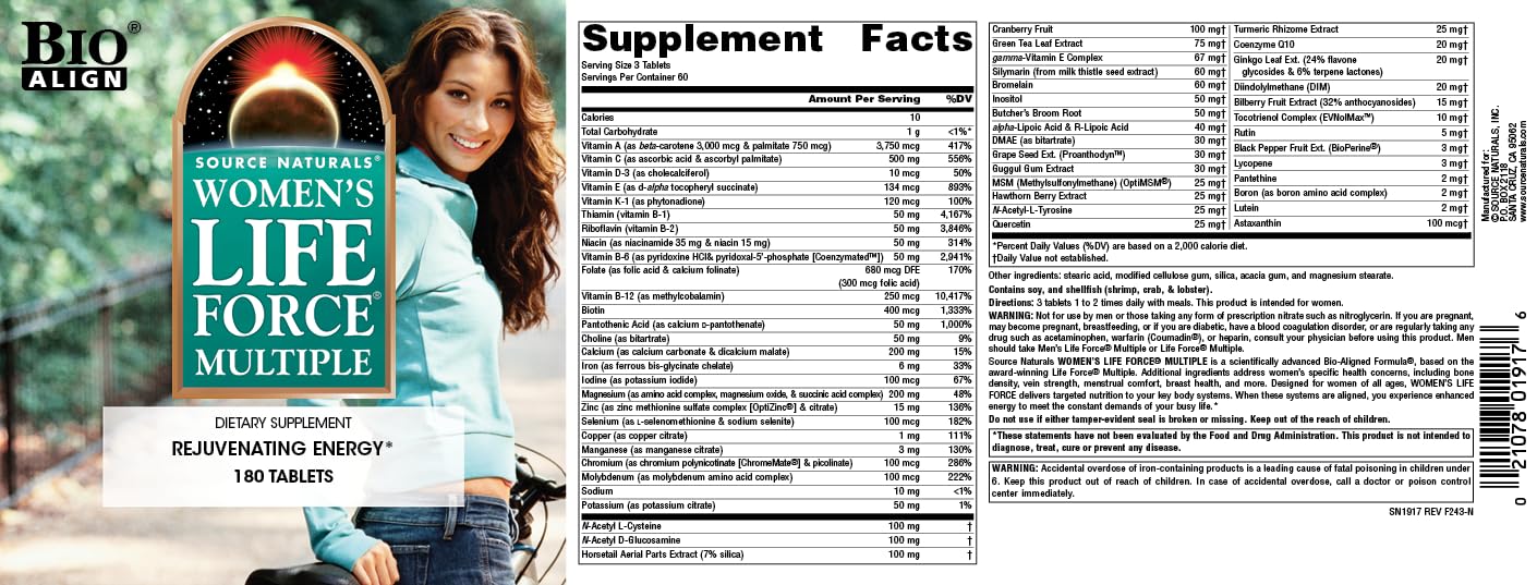 Pre-Order | Arrives in 5–10 Days – Source Naturals Women's Life Force Multiple, Daily Multivitamin & Immune Health, Rejuvenating Energy* Supplement - 180 Tablets