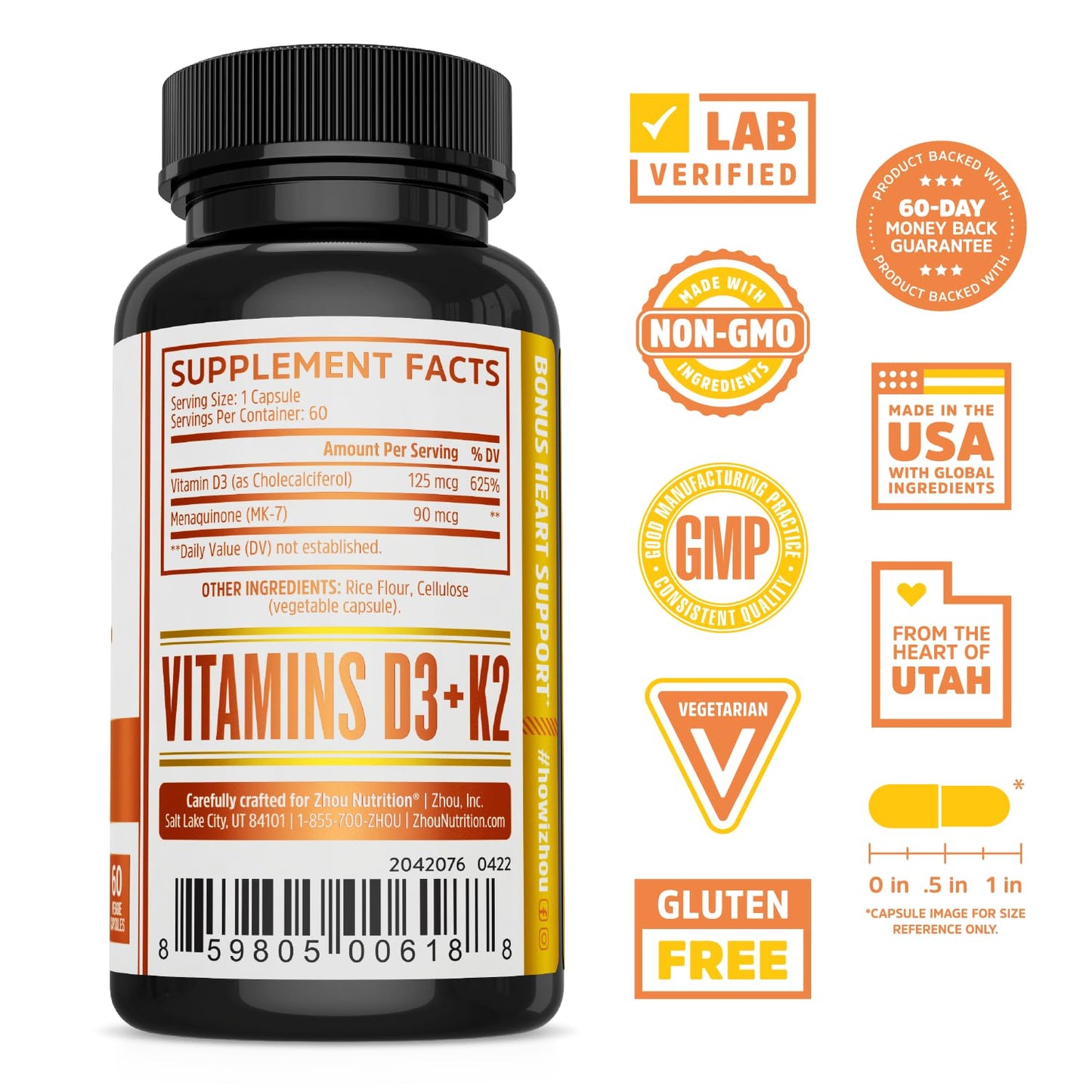 Pre-Order | Arrives in 5–10 Days – Zhou D3+K2 - Vitamin D3 K2 Supplement for Women & Men, Immune Support Vit D3 and K2 Supplements, Pure Vegetarian Formula with 5000 IU of D3 and MK-7 - 60 Veggie Capsules (Pack of 1)