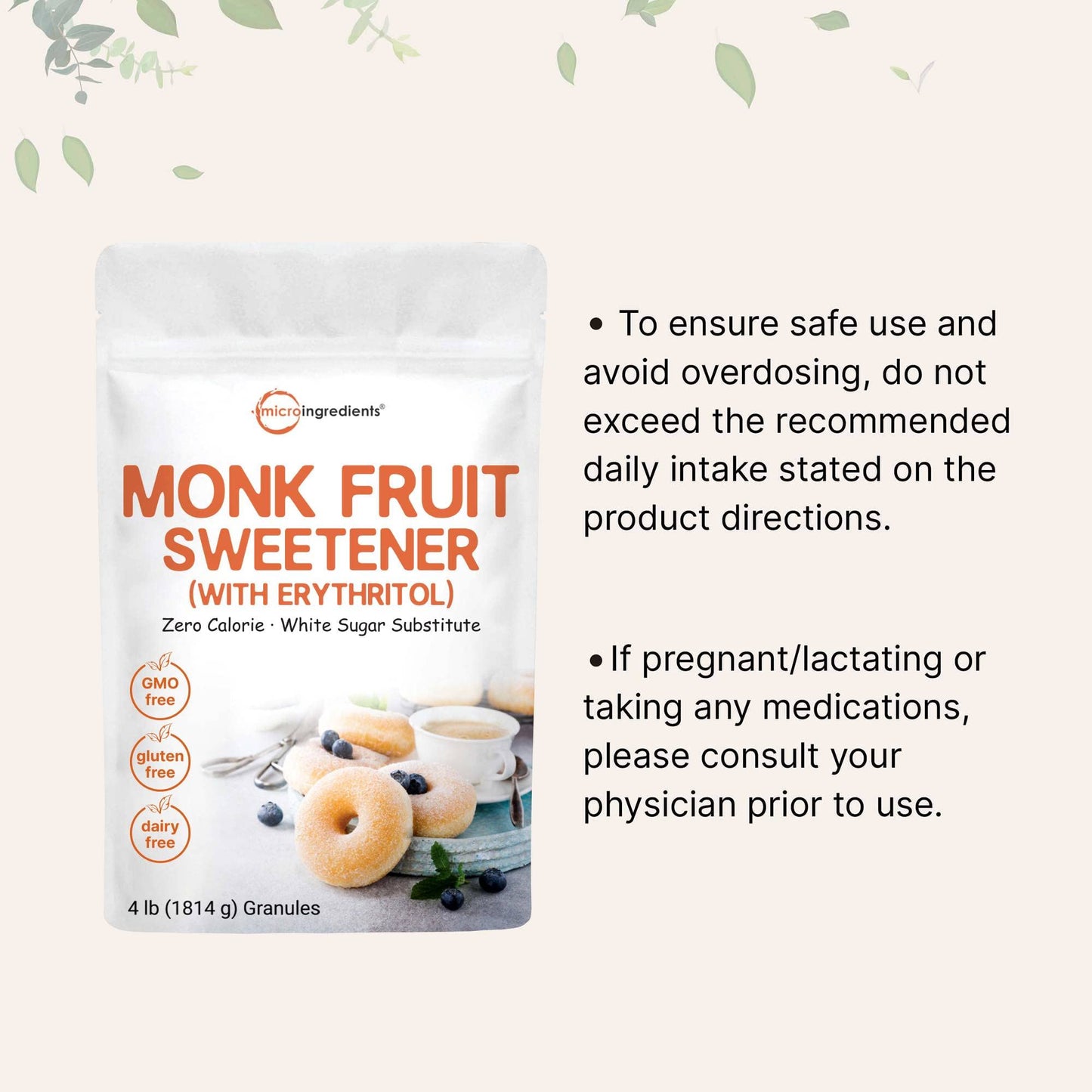 Pre-Order | Arrives in 5–10 Days – Monk Fruit Sweetener with Erythritol Granules, 4 Pounds, No After Taste, 1:1 White Sugar Substitute, Keto Diet Friendly, Zero Calorie, Natural Sweetener for Drinks, Coffee, Tea, Cookies, No-GMO, Vegan