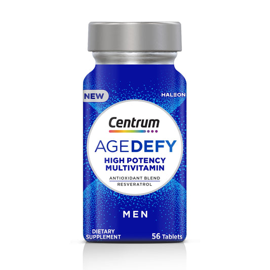 Pre-Order | Arrives in 5–10 Days – Centrum Age Defy for Men, All-in-1 High Potency Multivitamin + Healthy Aging Supplement, Multivitamin Blend with Resveratrol, and Niacin for NAD+ Level Support, Aluminium Bottle, 56 Tablets