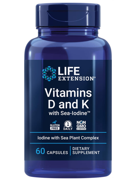 Pre-Order | Arrives in 5–10 Days – Life Extension Vitamins D and K with Sea-Iodine, vitamin D3, vitamin K1 and K2, iodine, supports immune, bone, arterial and thyroid health, non-GMO, gluten-free, 60 capsules