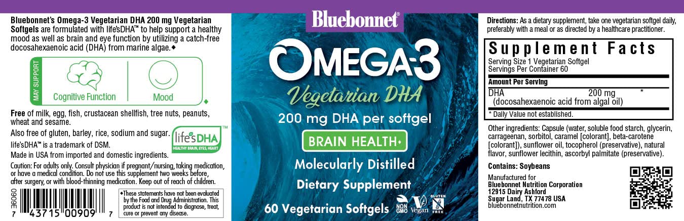 Pre-Order | Arrives in 5–10 Days – BlueBonnet Natural Omega-3 Vegetarian DHA Vegetarian Softgels, 200 mg, 60 Count