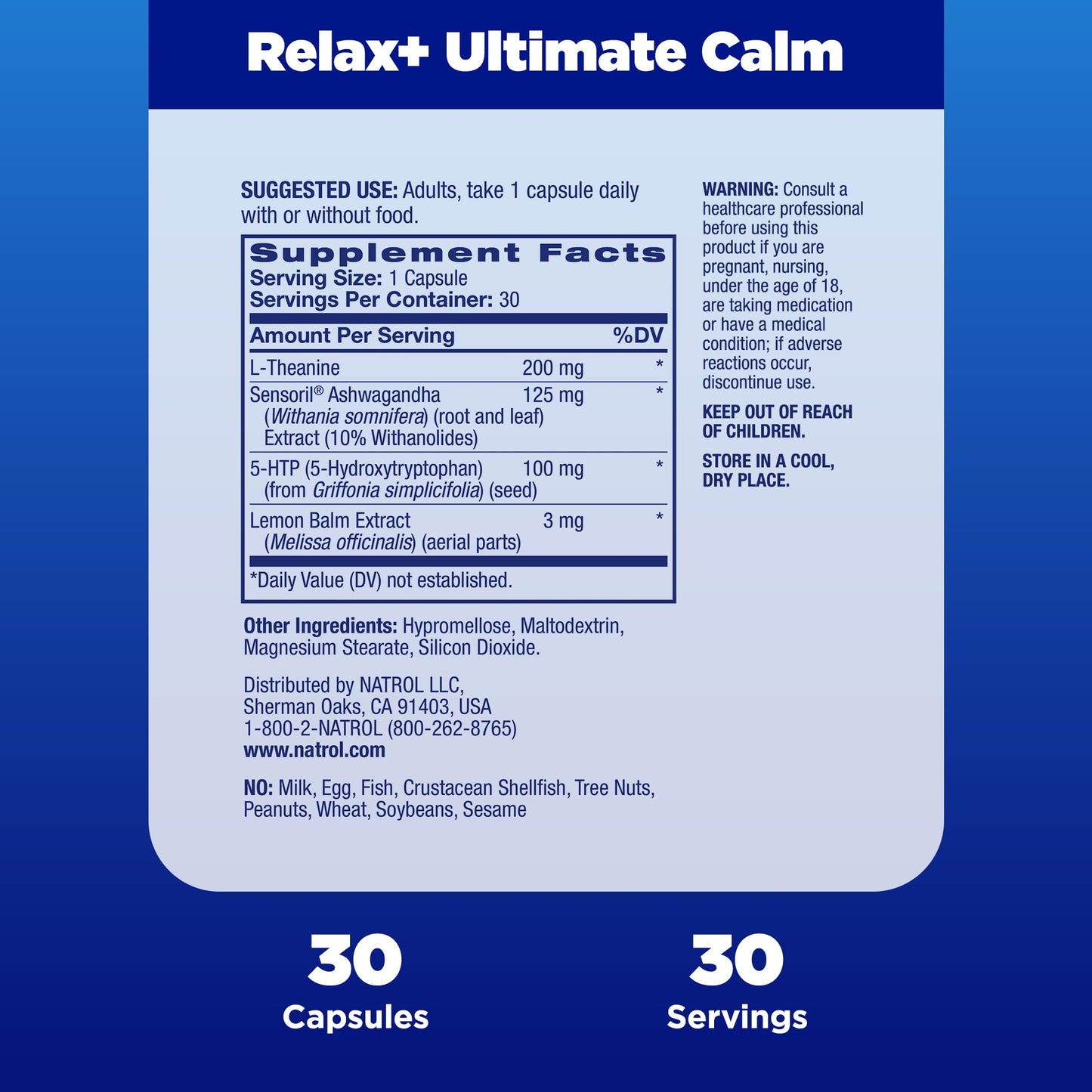 Pre-Order | Arrives in 5–10 Days – Natrol Relax+ Ultimate Calm with Ashwagandha, 5-HTP, L-Theanine and Lemon Balm, Drug-Free Dietary Supplement Helps Reduce Occasional Stress & Tension, 30 Capsules, 30 Day Supply