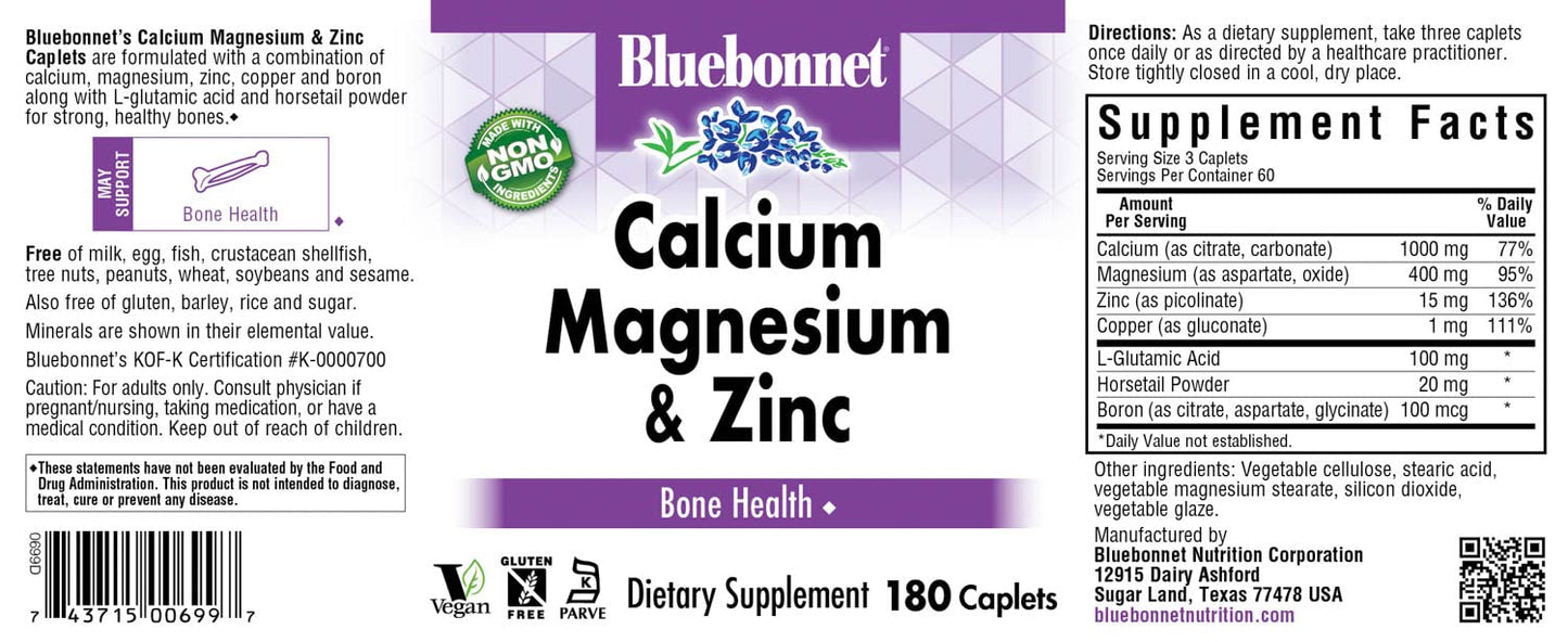 Pre-Order | Arrives in 5–10 Days – BlueBonnet Calcium Magnesium Zinc Caplets, 180 Count