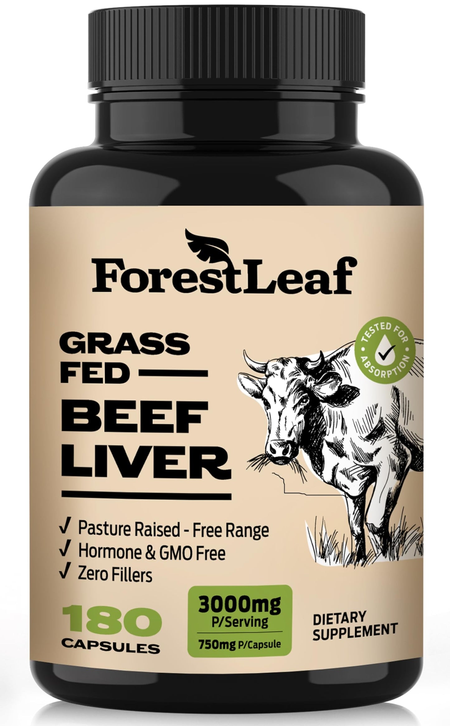 Pre-Order | Arrives in 5–10 Days – ForestLeaf Grass Fed Beef Liver Capsules, 3000mg Per Serving, Supports Full Immunity & Body Wellnes, Cleansing, Digestion, Natural Iron, Vitamin A and B12, Freeze Dried Beef Liver Supplement, 180 Caps