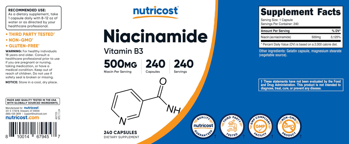 Pre-Order | Arrives in 5–10 Days – Nutricost Niacinamide (Vitamin B3) 500mg, 240 Capsules - Non-GMO, Gluten Free, Flush Free Vitamin B3