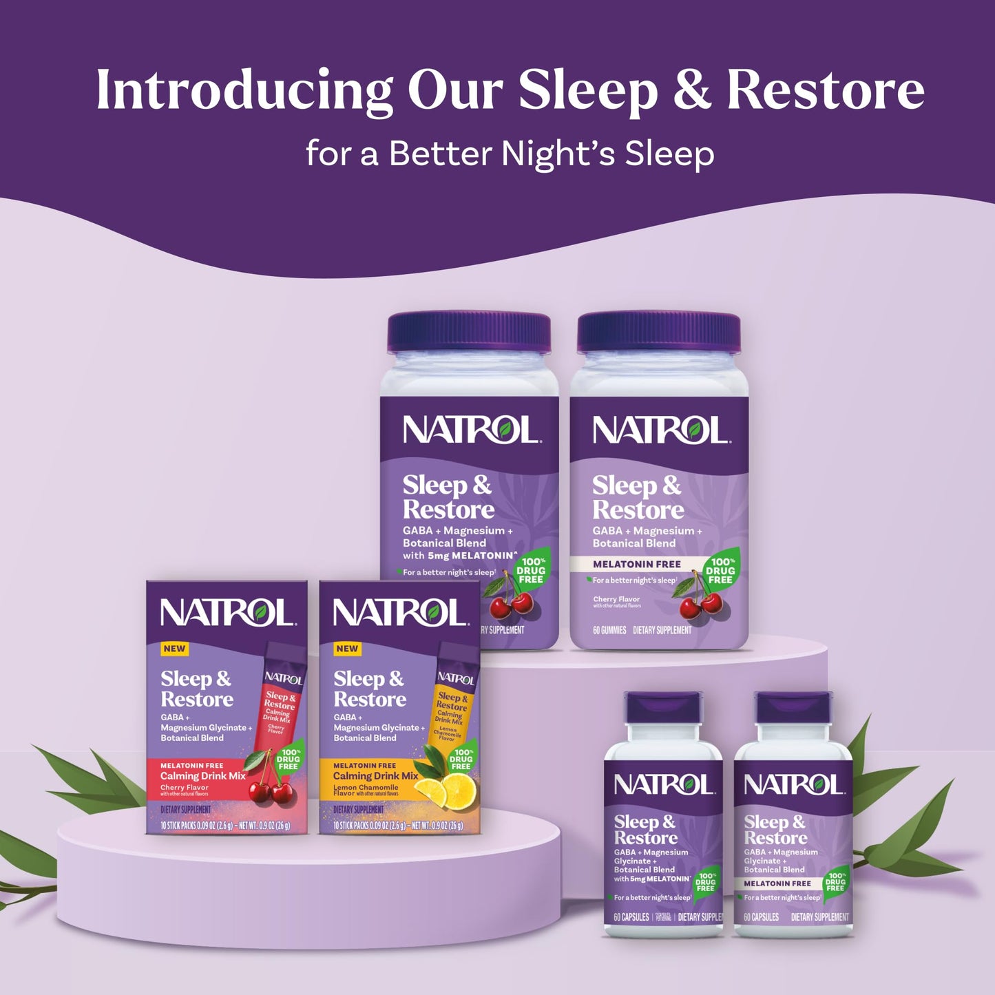 Pre-Order | Arrives in 5–10 Days – Natrol Sleep & Restore Calming Drink Mix with Magnesium Glycinate, Magnesium Sleep Aid, Melatonin-Free, Cherry, 10 Stick Packs
