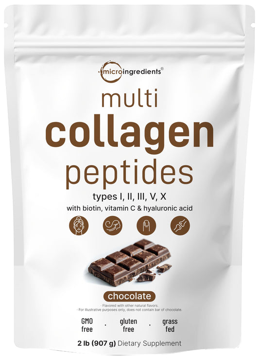 Pre-Order | Arrives in 5–10 Days – Multi Collagen Protein Powder, 2 Pounds – Type I,II,III,V,X with Biotin, Hyaluronic Acid, Vitamin C – Chocolate Flavored Collagen Peptides – Keto & Paleo Friendly, Easy Dissolve, Non-GMO