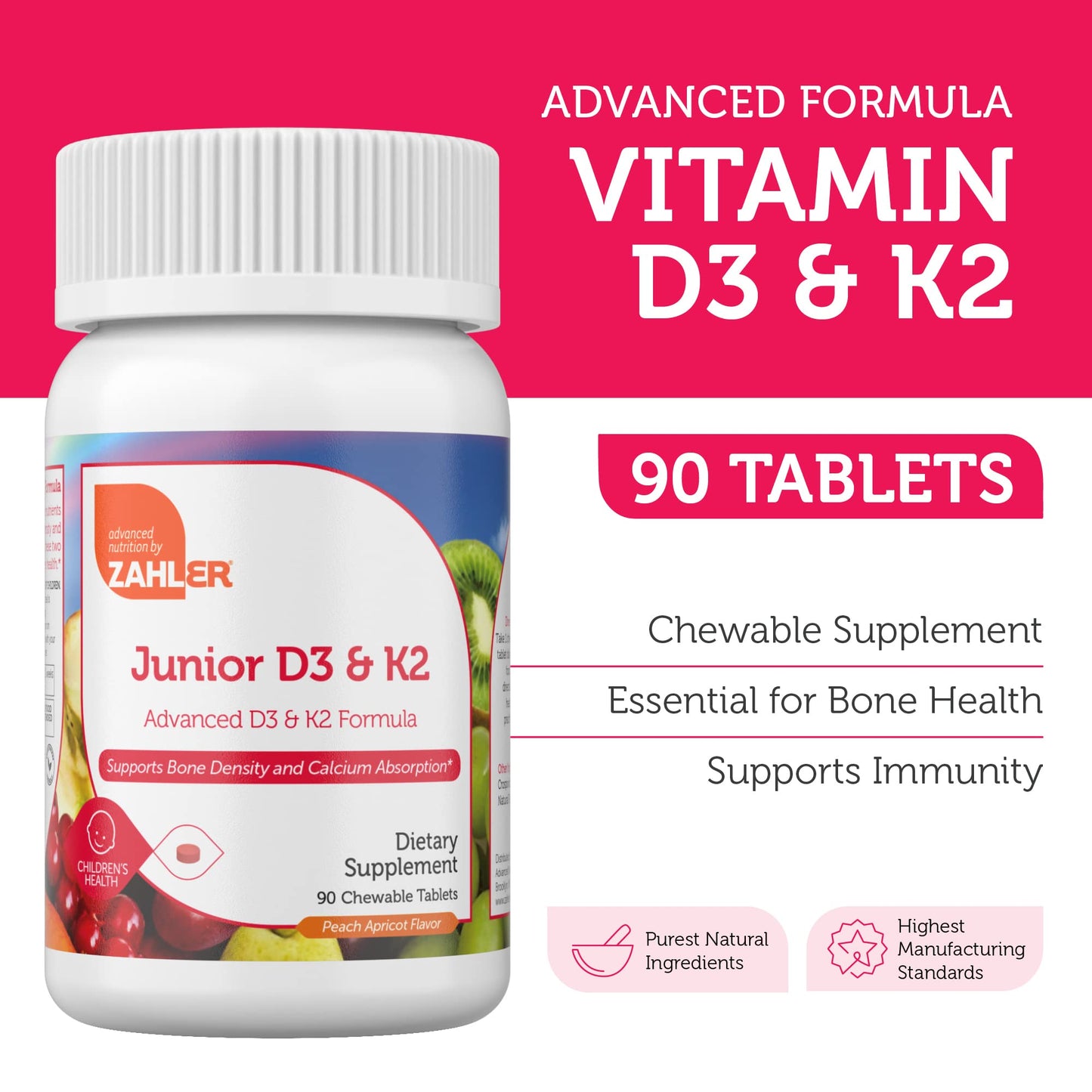 Pre-Order | Arrives in 5–10 Days – Zahler - Junior Vitamin D3 + K2 Chewable Tablets for Kids| Vitamin D for Kids 2000 IU | Delicious Vitamin D K2 Chews to Support Healthy Bones & Teeth - Kosher, Less Sugar Than Gummies (90 Count)