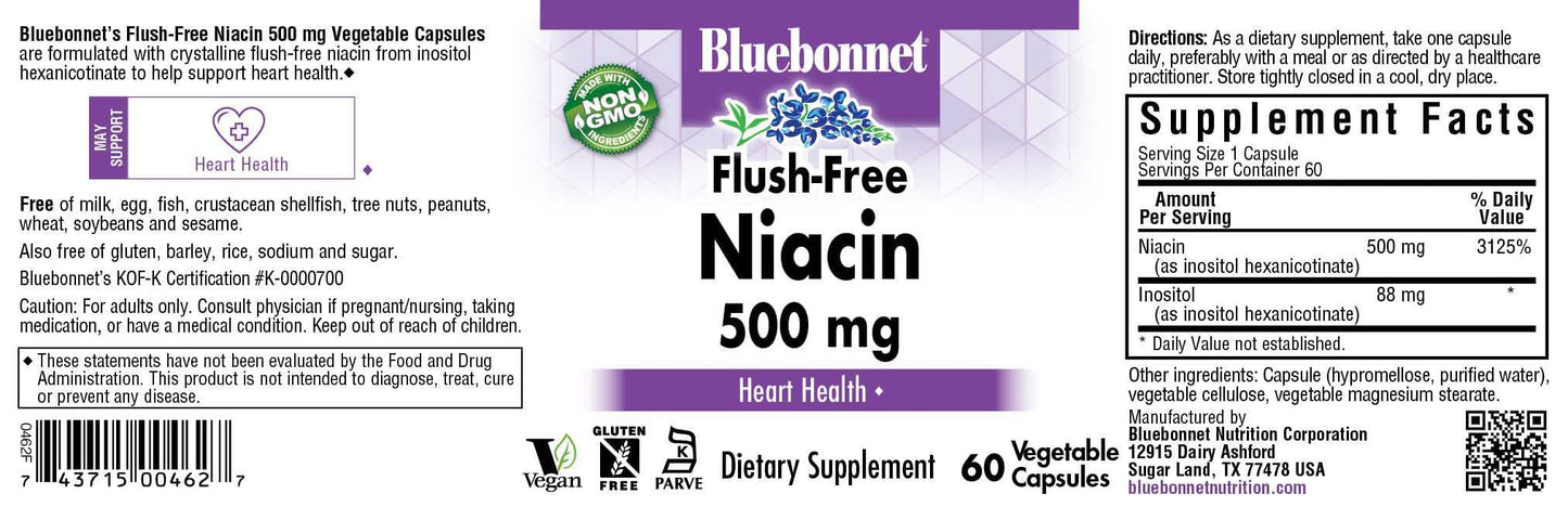 Pre-Order | Arrives in 5–10 Days – Bluebonnet Nutrition Flush-Free Niacin 500mg, for Nutritional Cardiovascular Support*, Soy-Free, Gluten-Free, Non-GMO, Kosher Certified, Dairy-Free, Vegan, 60 Vegetable Capsules, 60 Servings