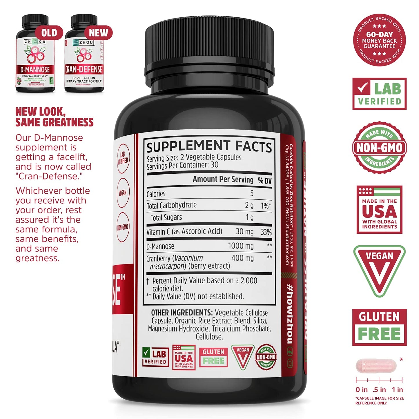 Pre-Order | Arrives in 5–10 Days – Zhou Cran-Defense - Cranberry Pills for Women & Men, D Mannose with Cranberry Extract, 1000 mg D-Mannose Per Capsule for Urinary Tract Health, Antioxidant Support - 60 Veggie Capsules