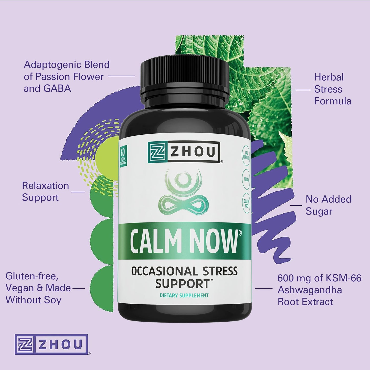 Pre-Order | Arrives in 5–10 Days – Zhou Calm Now - Calm Supplement, Calm Vitamins for Women & Men, Pills to Relax for Adults with GABA & Ashwagandha, Stress & Focus Support - 60 Veggie Capsules