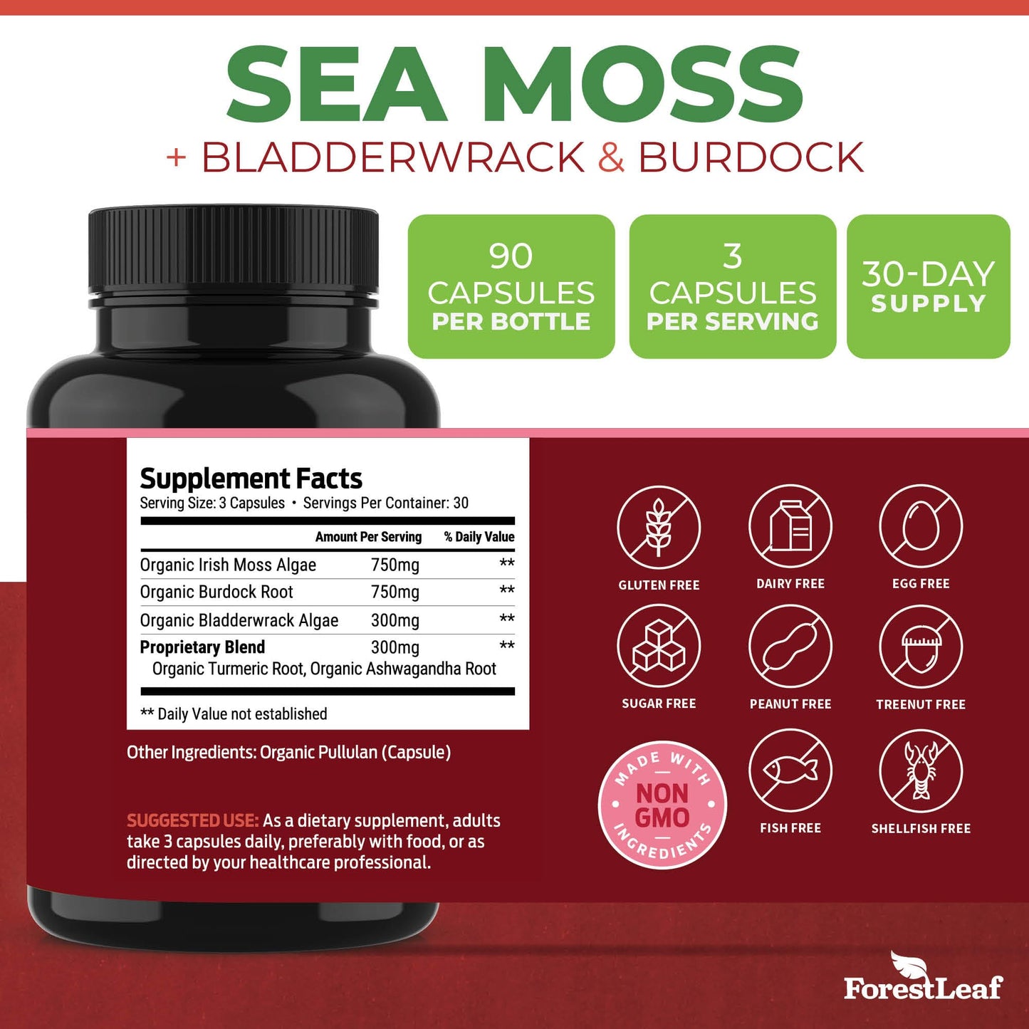 Pre-Order | Arrives in 5–10 Days – ForestLeaf Organic Irish Sea Moss Capsules | 2100mg Raw Seamoss Pills Advanced Supplement Superfood + Burdock, Bladderwrack for Digestive, Respiratory, Immune Health | 90 Vegan Organic Sea Moss Caps