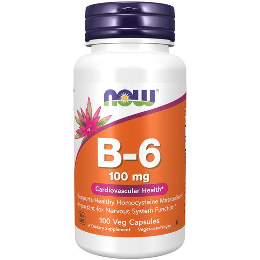 Pre-Order | Arrives in 5–10 Days – NOW Foods Supplements, Vitamin B-6 (Pyridoxine HCl) 100 mg, Cardiovascular Health*, 100 Veg Capsules