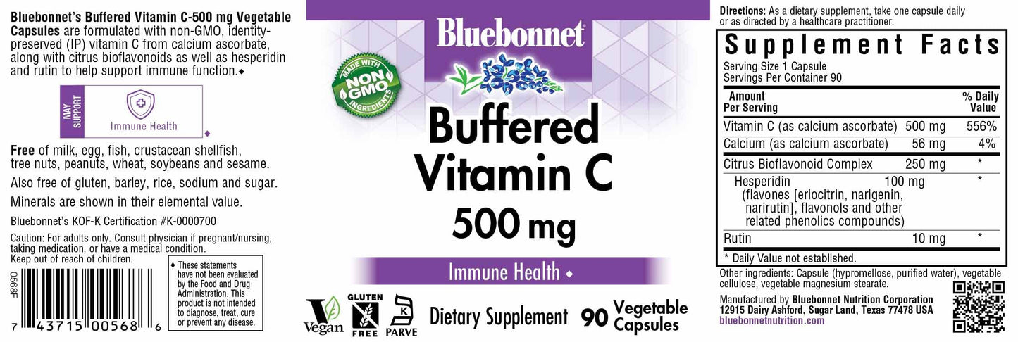 Pre-Order | Arrives in 5–10 Days – BlueBonnet Buffered Vitamin C 500 mg Vegetable Capsules, 90 Count, White (743715005686)