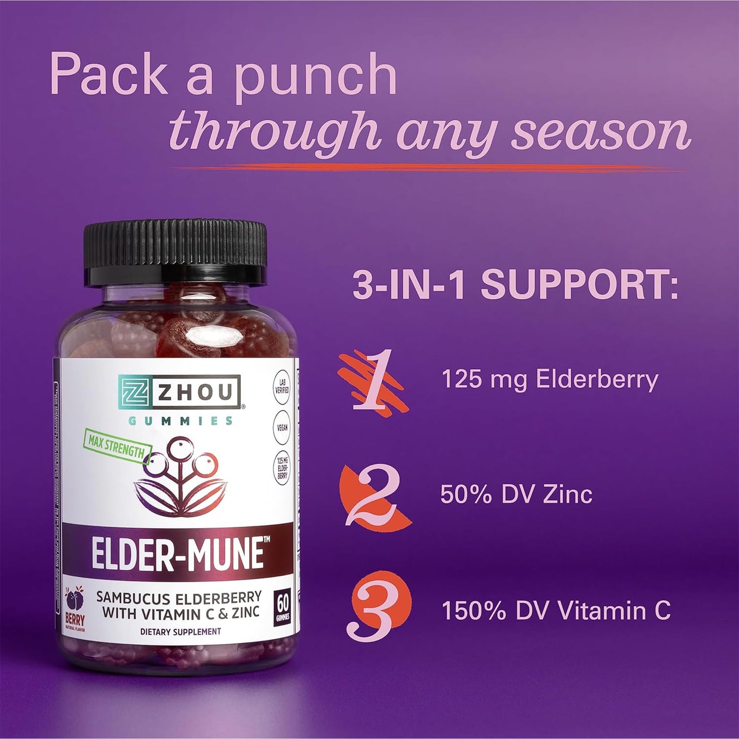 Pre-Order | Arrives in 5–10 Days – Zhou Elder-Mune Elderberry Gummies - Elderberry Vitamin C and Zinc, Daily Immune Support Supplemenet for Women & Men, Chewable Natural Black Elderberry for Adults & Children 4 & Up - 60 Gummies