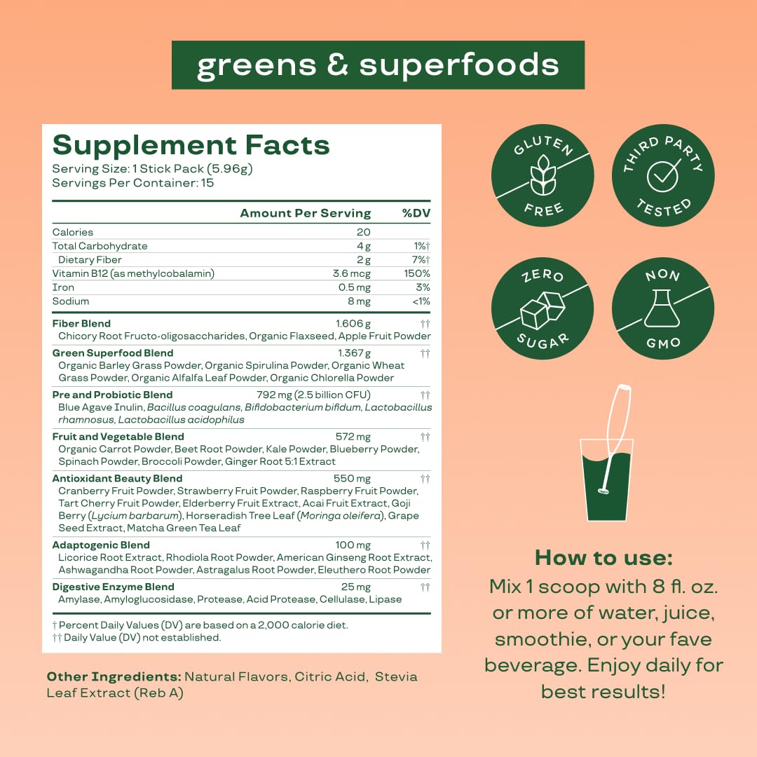 Pre-Order | Arrives in 5–10 Days –
Bloom Nutrition Greens and Superfoods Powder Packets for Digestive Health, Greens Powder, Digestive Enzymes, Probiotics, Spirulina, Chlorella for Bloating & Gut Support, 15 Stick, Peach