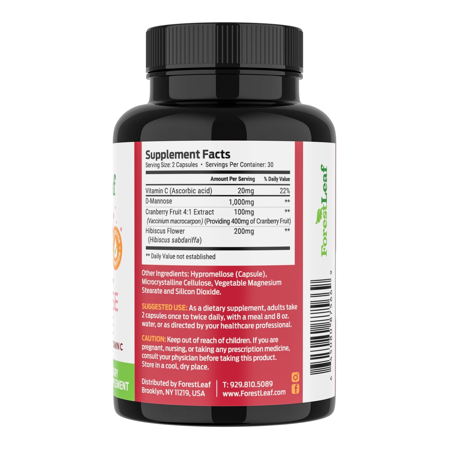 Pre-Order | Arrives in 5–10 Days – ForestLeaf D Mannose 1000mg Capsules - D-Mannose with Cranberry, Hibiscus & VIT C, Urinary Tract Health for Women and Men, Organic DMannose Pills for UTI, Urinary Health & Bladder Support 60 Capsules