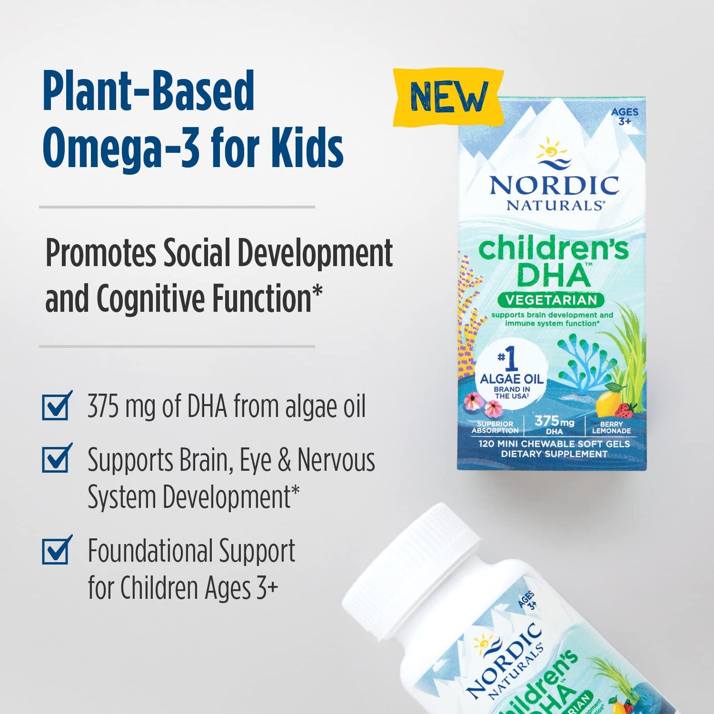 Pre-Order | Arrives in 5–10 Days – Nordic Naturals Children's DHA Vegetarian - Kids DHA Omega-3 Supplement -Algae Oil - Berry Lemonade Mini Chewables - Plant-Based Formula for Ages 3+ - 120 Soft Gels - 40 Servings