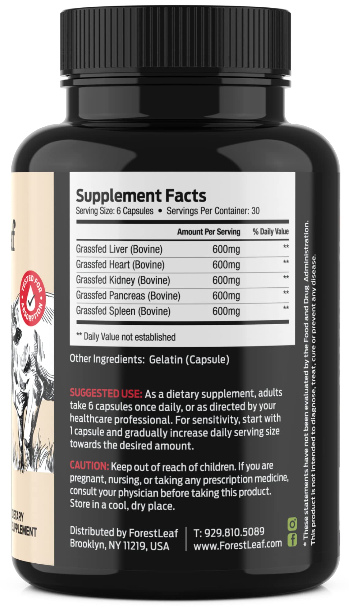 Pre-Order | Arrives in 5–10 Days – ForestLeaf Beef Organ Supplement - Grass Fed & Pasture Raised - Total Body Wellness & Performance, Organ Complex with 3000mg of Desiccated Beef Liver, Heart, Kidney, Pancreas, Spleen (180 Capsules)