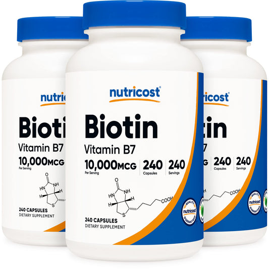Pre-Order | Arrives in 5–10 Days – Nutricost Biotin (Vitamin B7) 10,000mcg, 240 Caps (3 Bottles) - Non-GMO, Gluten Free