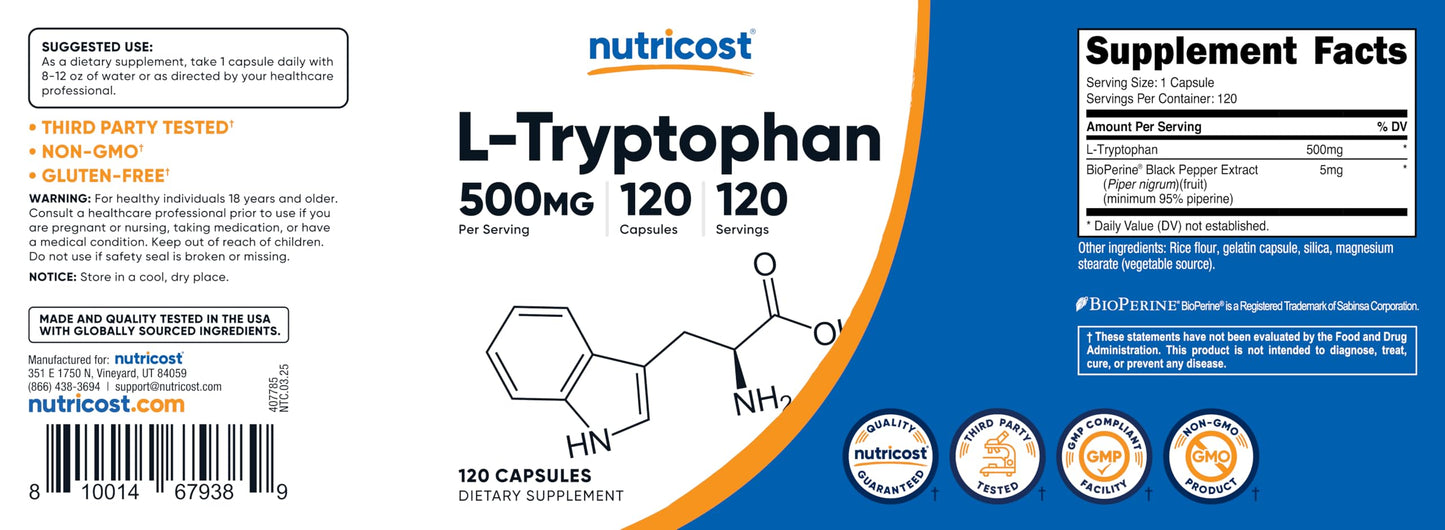 Pre-Order | Arrives in 5–10 Days – Nutricost L-Tryptophan 500mg, 120 Capsules - with BioPerine, Gluten Free, Non-GMO
