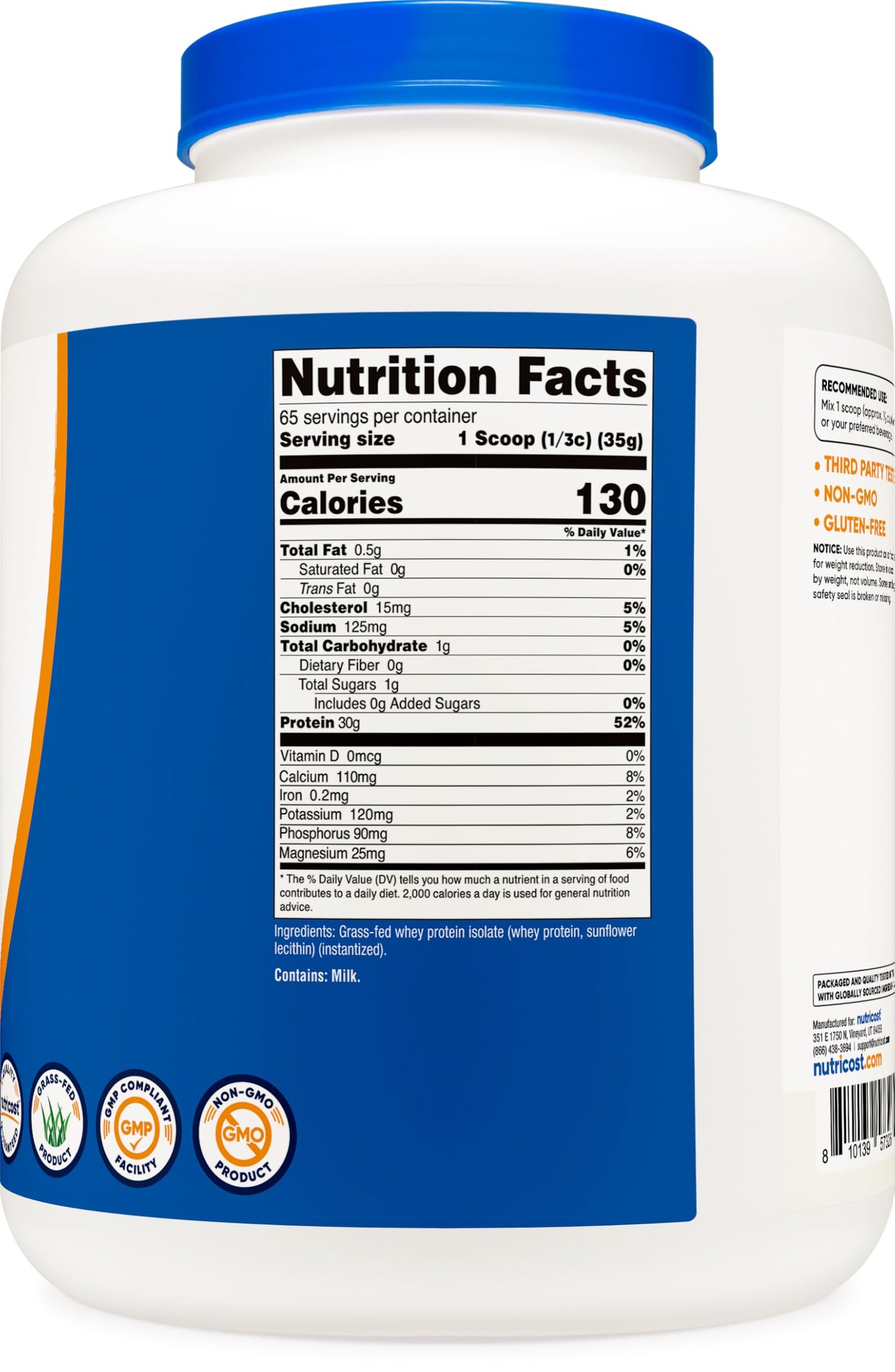 Pre-Order | Arrives in 5–10 Days – Nutricost Grass-Fed Whey Protein Isolate (Unflavored) 5LBS - rBGH Free, Non-GMO & Gluten Free