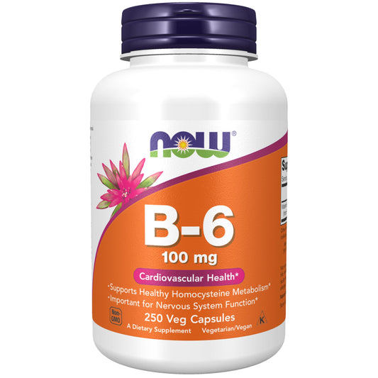 Pre-Order | Arrives in 5–10 Days – NOW Foods Supplements, Vitamin B-6 (Pyridoxine HCl) 100 mg, Cardiovascular Health, 250 Veg Capsules