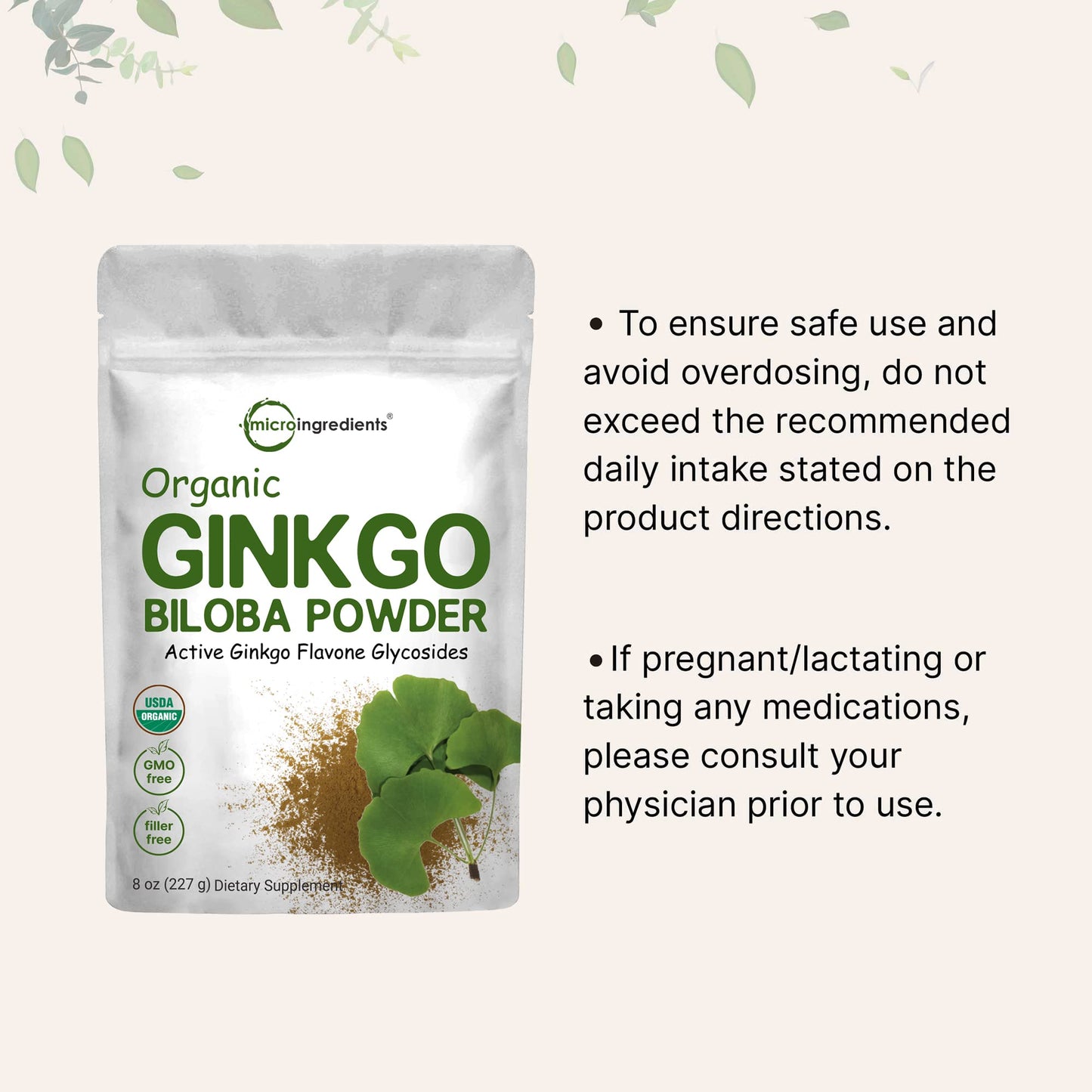 Pre-Order | Arrives in 5–10 Days – Micro Ingredients Raw Organic Ginkgo Biloba Powder, 8 Ounce (18 Months Supply), Filler Free, Supports Brain Function and Mental Alertness, No GMOs and Vegan Friendly