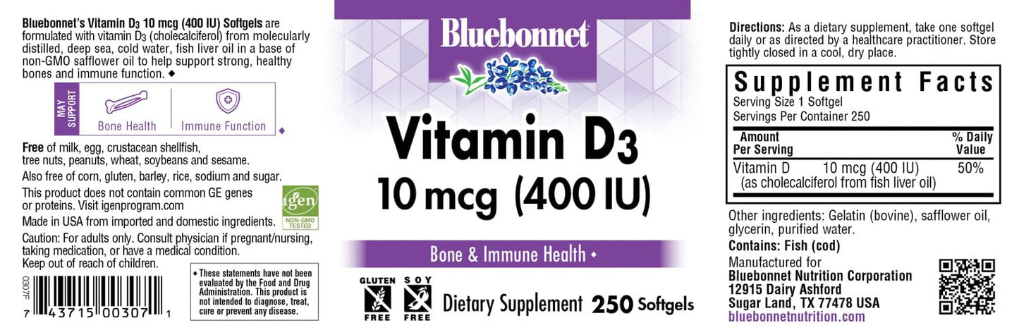 Pre-Order | Arrives in 5–10 Days – Bluebonnet Nutrition Vitamin D3 400 IU Softgels, Aids in Muscle and Skeletal Growth, Cholecalciferol from Fish Oil, Non GMO, Gluten Free, Soy Free, Dairy Free, 250 Softgels