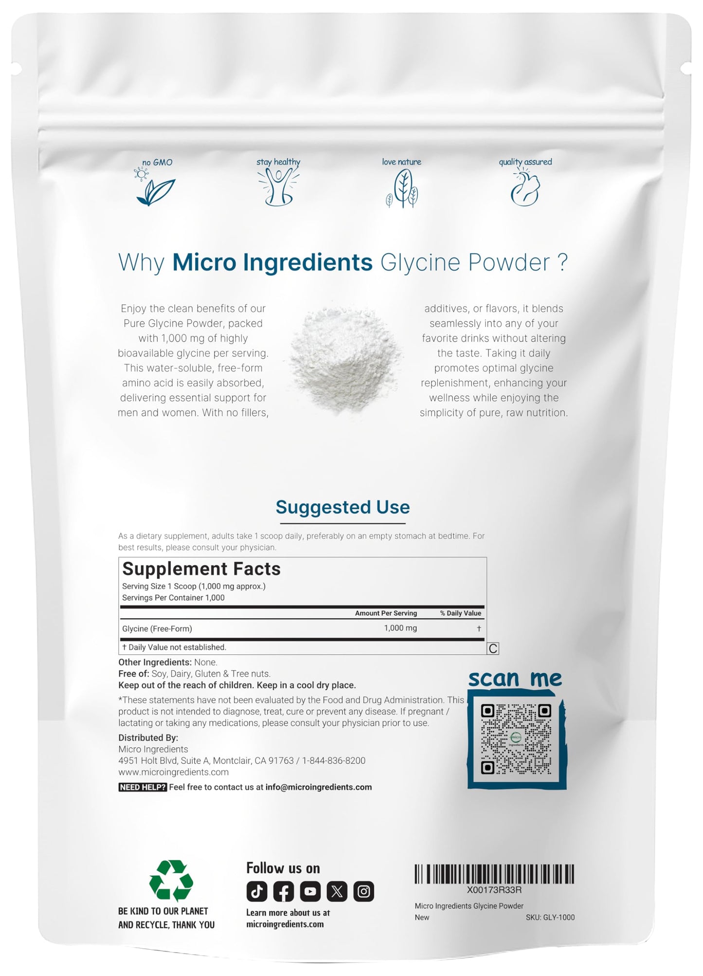 Pre-Order | Arrives in 5–10 Days – Micro Ingredients Glycine Powder, 1KG (2.2 Pounds), Glycine 1000mg Per Serving, Supports Restful Sleep and Neurotransmitter, Water Soluble and Products of USA