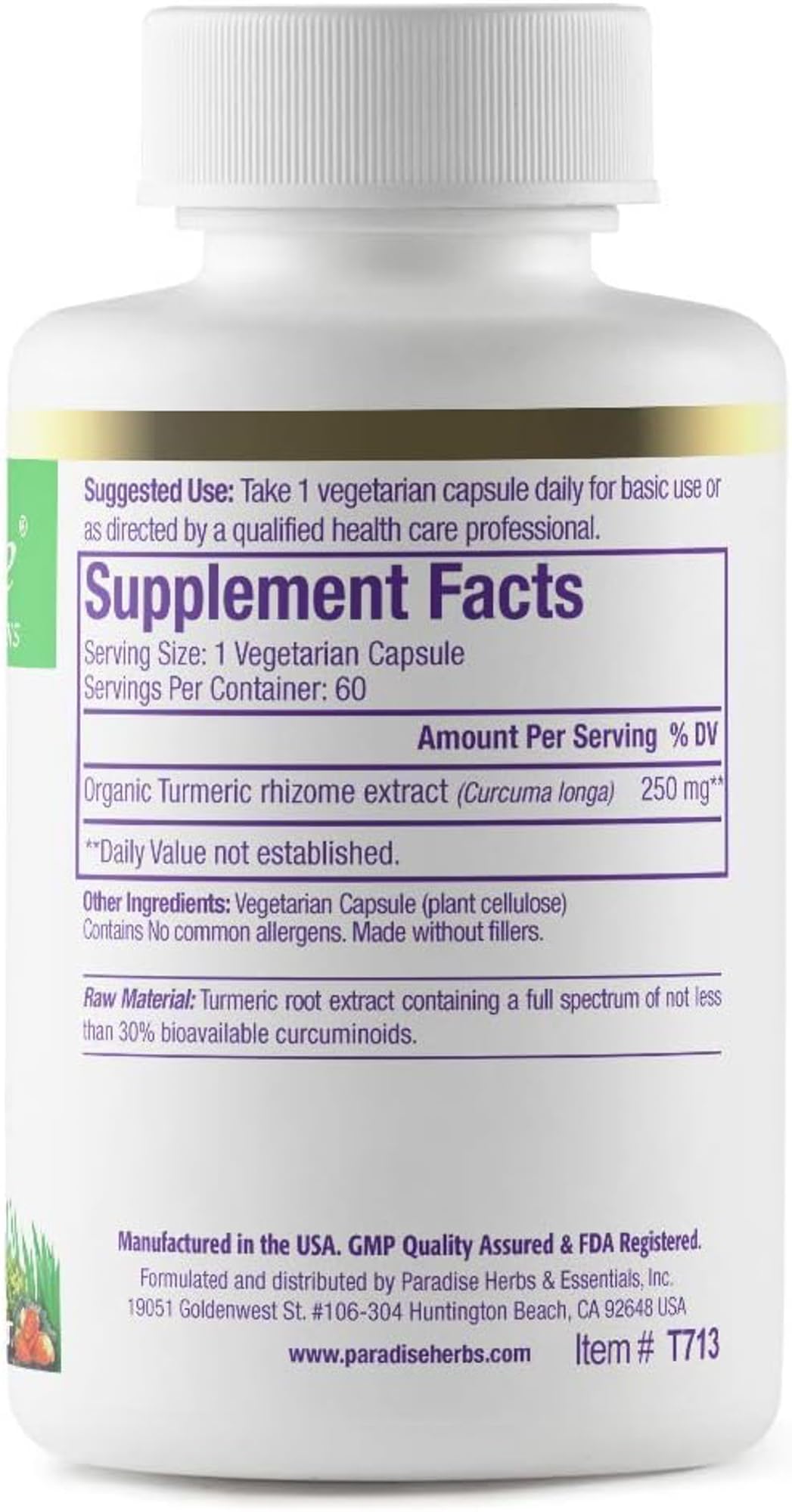 Pre-Order | Arrives in 5–10 Days – Paradise Organic Turmeric Rhizome Extract, Active Whole Spectrum Extract, Super Potent, Ultra Pure, Vegan, Non-GMO, Gluten Free, 60 Vegetarian Capsules