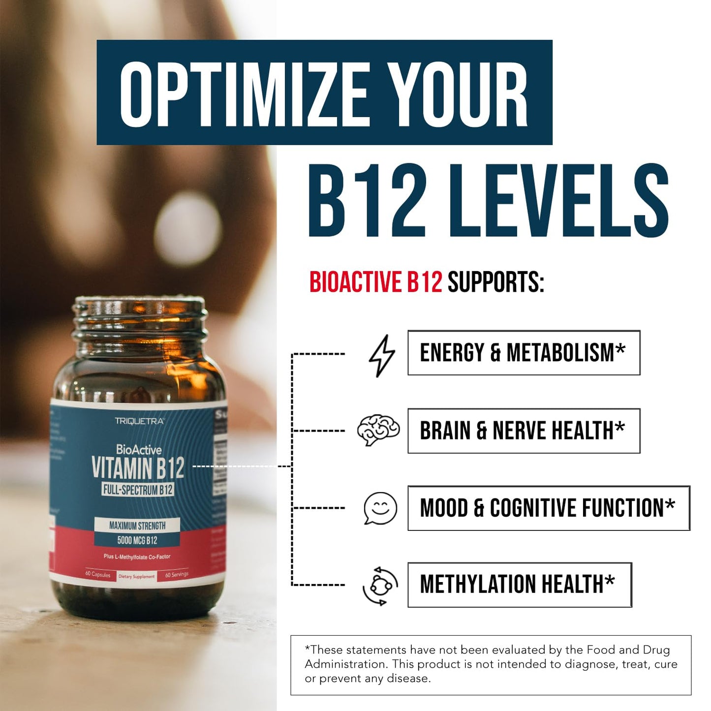 Pre-Order | Arrives in 5–10 Days –
BioActive Vitamin B12 - 5000 mcg, Contains 3 BioActive Forms B12 Plus Methylfolate Cofactor - Methyl B12, Adenosyl B12 & Hydroxy B12 | Supports Energy, Metabolism & Mood | Vegan, Non-GMO (60 Servings)