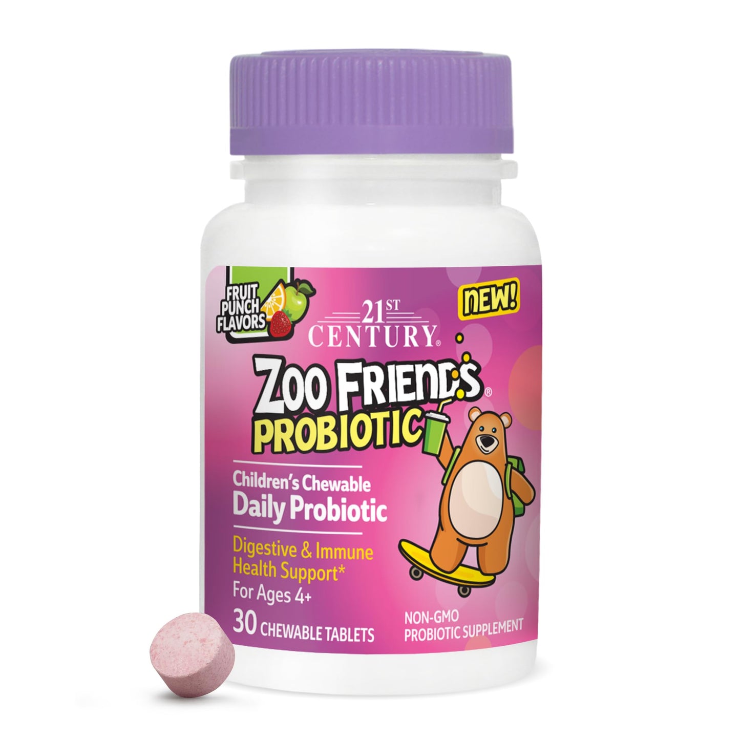 Pre-Order | Arrives in 5–10 Days – 21st Century Zoo Friends Probiotic Chewable, Fruit Punch Flavors, 30 Count