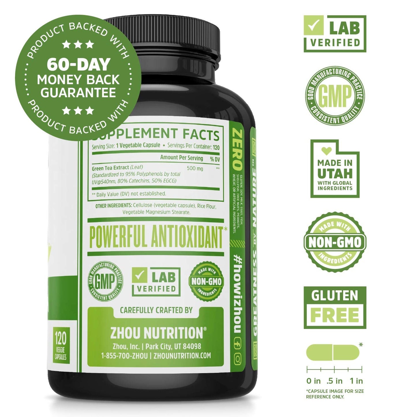 Pre-Order | Arrives in 5–10 Days – Zhou Nutrition Green Tea Extract Supplement - Green Tea & ECGC for Women & Men, Clean Caffeine Energy, Antioxidant Support, 500mg Per Serving - 120 Vegan Friendly Capsules