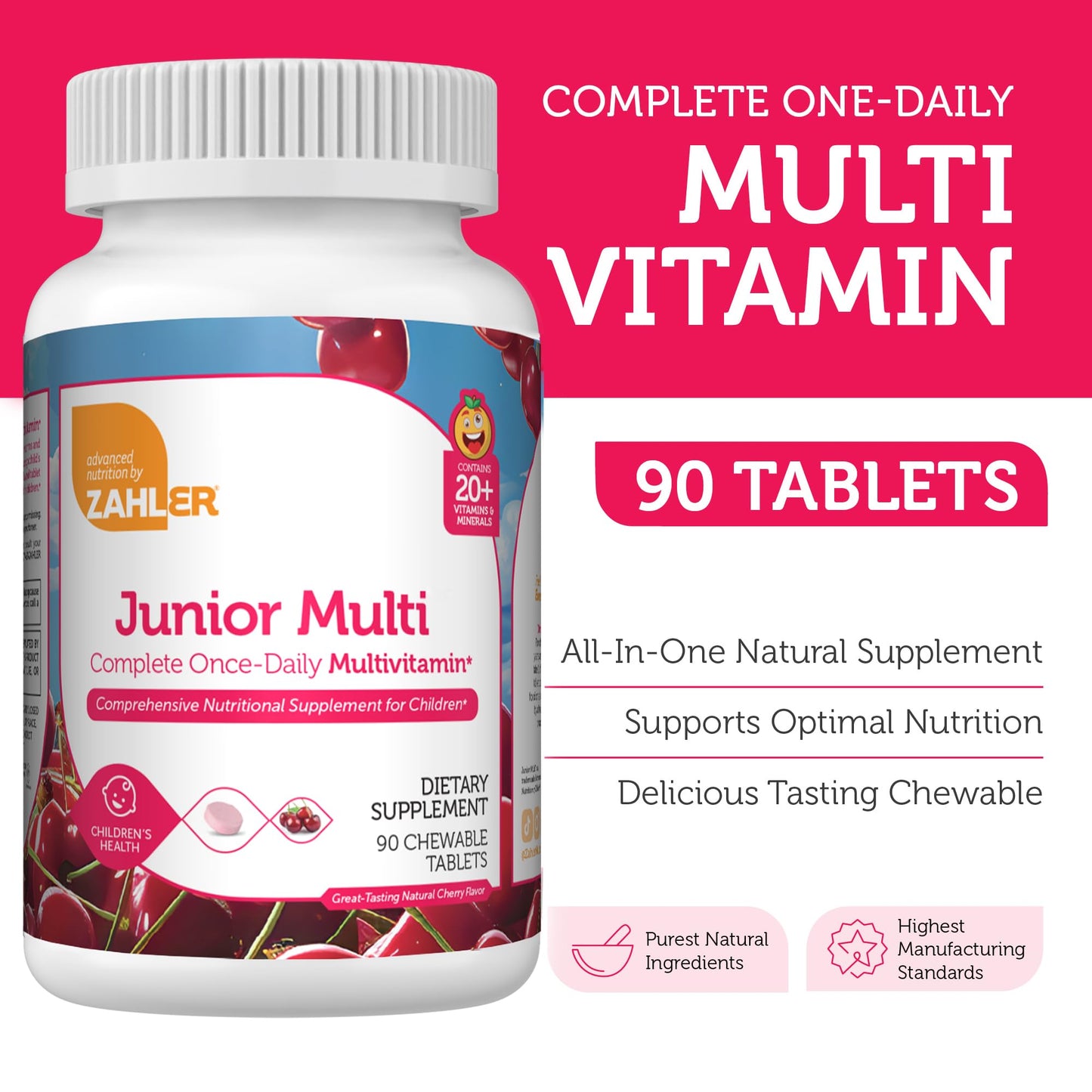 Pre-Order | Arrives in 5–10 Days – Zahler Kids Multivitamin Chewable Vitamin Tablet - Complete One Daily Kids Vitamins Supplement - Contains 20+ Minerals & Vitamins for Kids & Toddlers - Kosher Multivitamins Cherry Flavor (90)