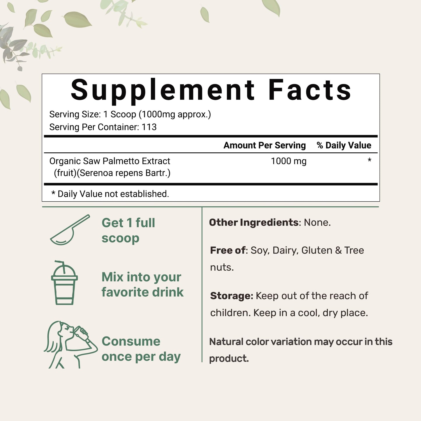 Pre-Order | Arrives in 5–10 Days – Sustainably US Grown, Organic Saw Palmetto Powder, 4 Ounce, with Active Fatty Acid, Pure Saw Palmetto Prostate & Hair Growth Supplement, Healthy Urination Frequency & Hair Loss Blocker Supplement