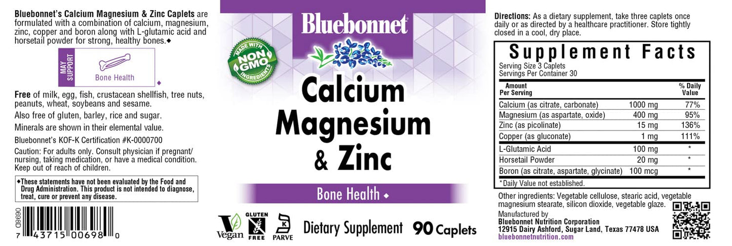 Pre-Order | Arrives in 5–10 Days – BlueBonnet Calcium Magnesium Zinc Caplets, 90 Count