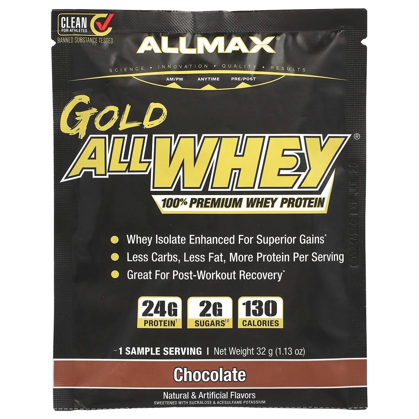 Pre-Order | Arrives in 5–10 Days – ALLMAX
GOLD ALLWHEY®, 100% Premium Whey Protein, Chocolate, 1.13 oz (32 g)