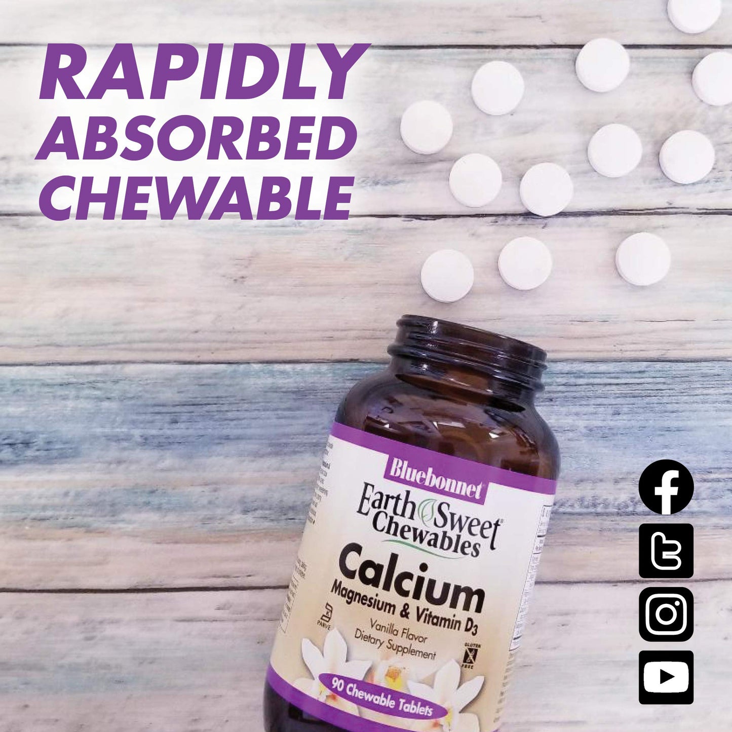 Pre-Order | Arrives in 5–10 Days – Bluebonnet Nutrition Calcium Magnesium Plus Vitamin D3 Earthsweet, Bone Health & Muscle Relaxation, Soy-Free, Gluten-Free, Kosher Certified, Dairy-Free, 90 Vanilla Flavored Chewable Tablets