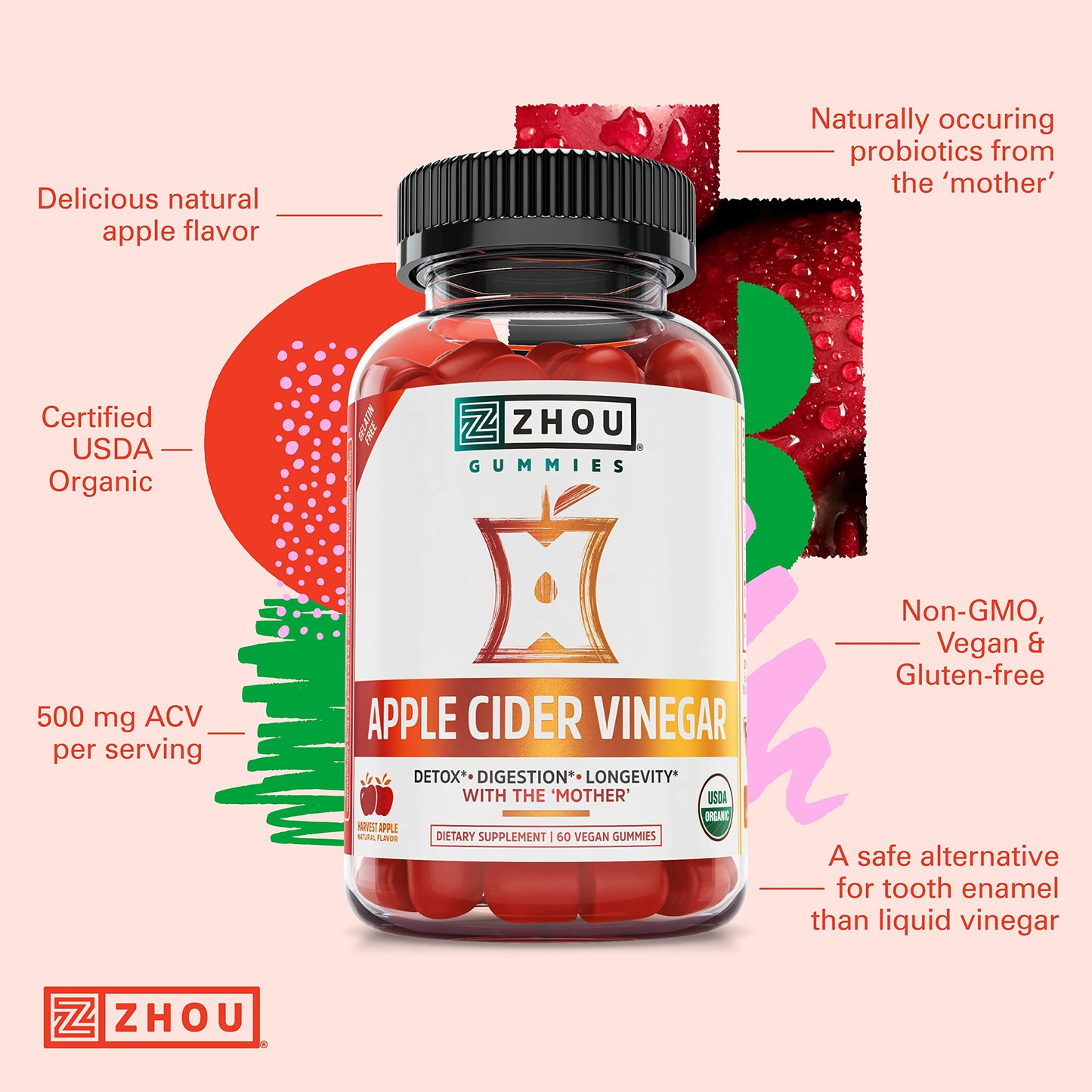 Pre-Order | Arrives in 5–10 Days – Zhou Apple Cider Vinegar Gummies - ACV Gummies for Women and Men with Elderberry, Delicious Taste with Raw Cane Sugar, USDA Organic - 60 Vegan Gummies