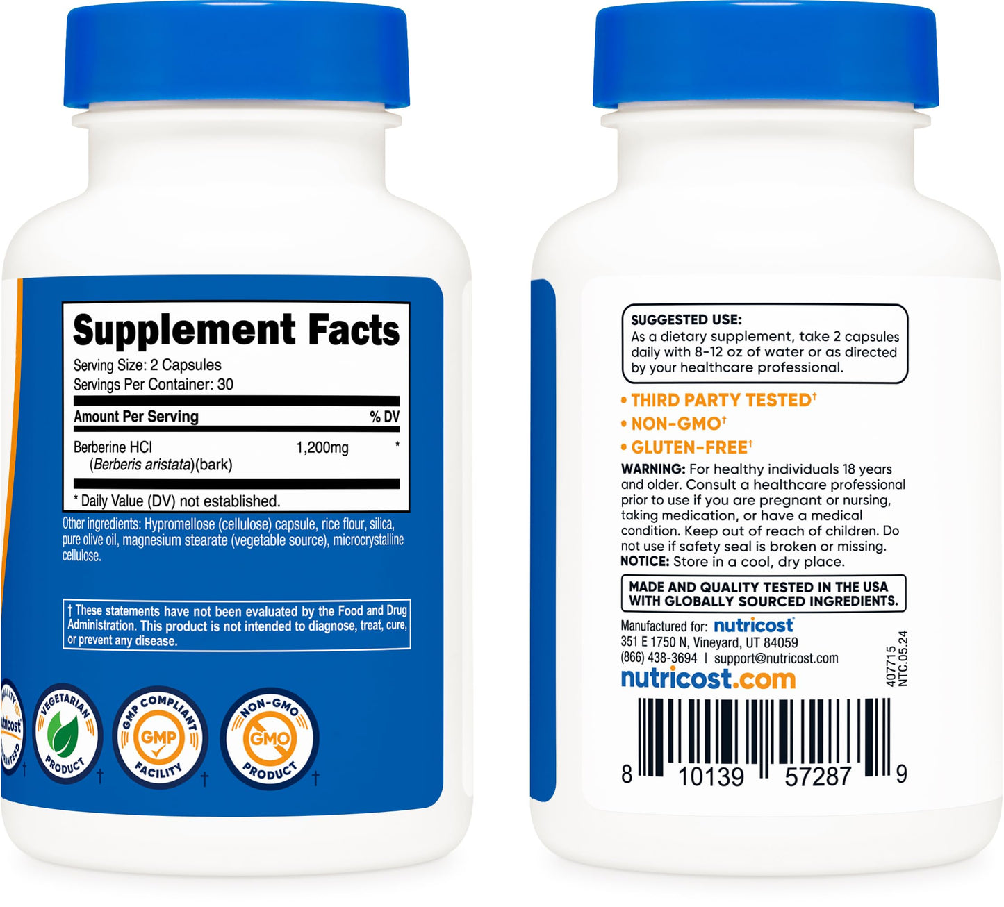 Pre-Order | Arrives in 5–10 Days – Nutricost Berberine HCl 1200mg , 60 Vegetarian Capsules - Gluten Free & Non-GMO