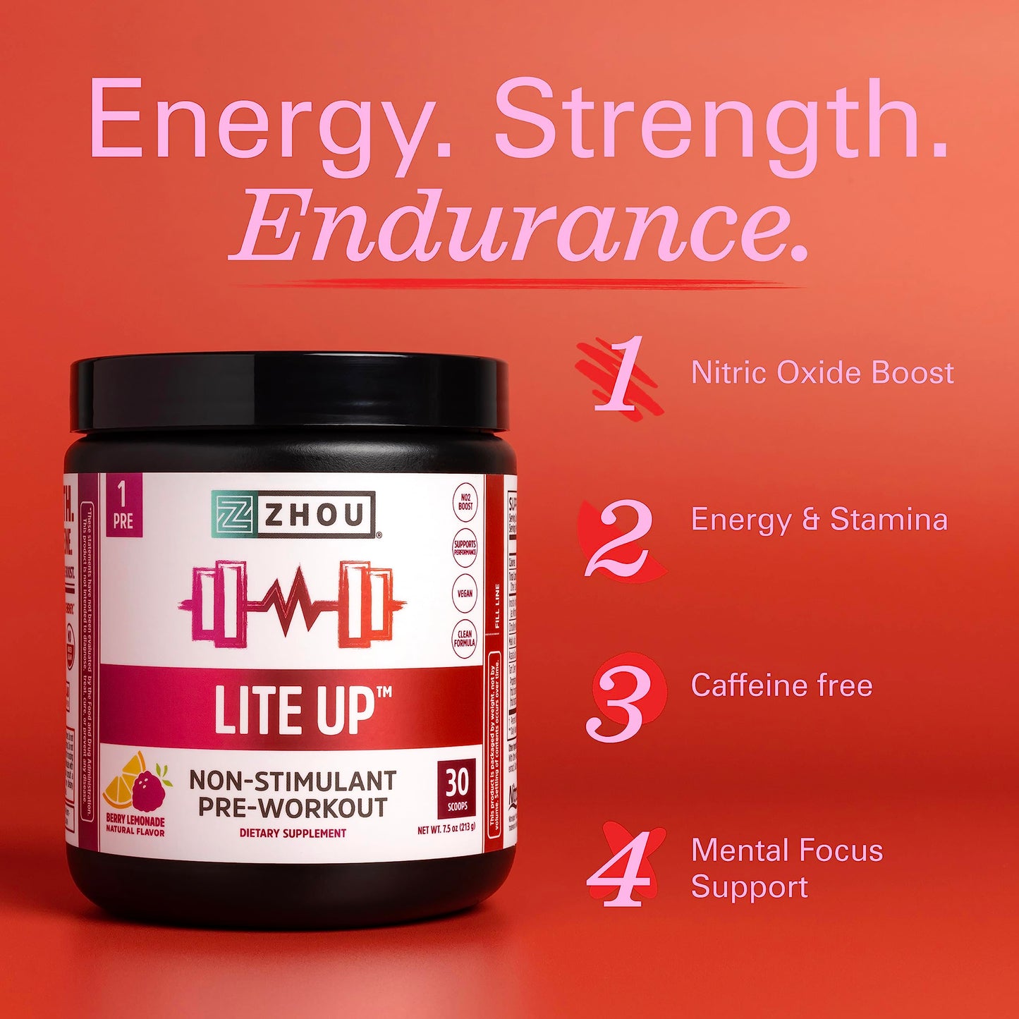 Pre-Order | Arrives in 5–10 Days – Zhou Lite Up - Non Stim Powder, Nitric Oxide Stim Free Supplement for Men & Women, Caffeine Free Boost, Clean Formula - Berry Lemonade Flavor, 7.5 oz Jar (30 Scoops)