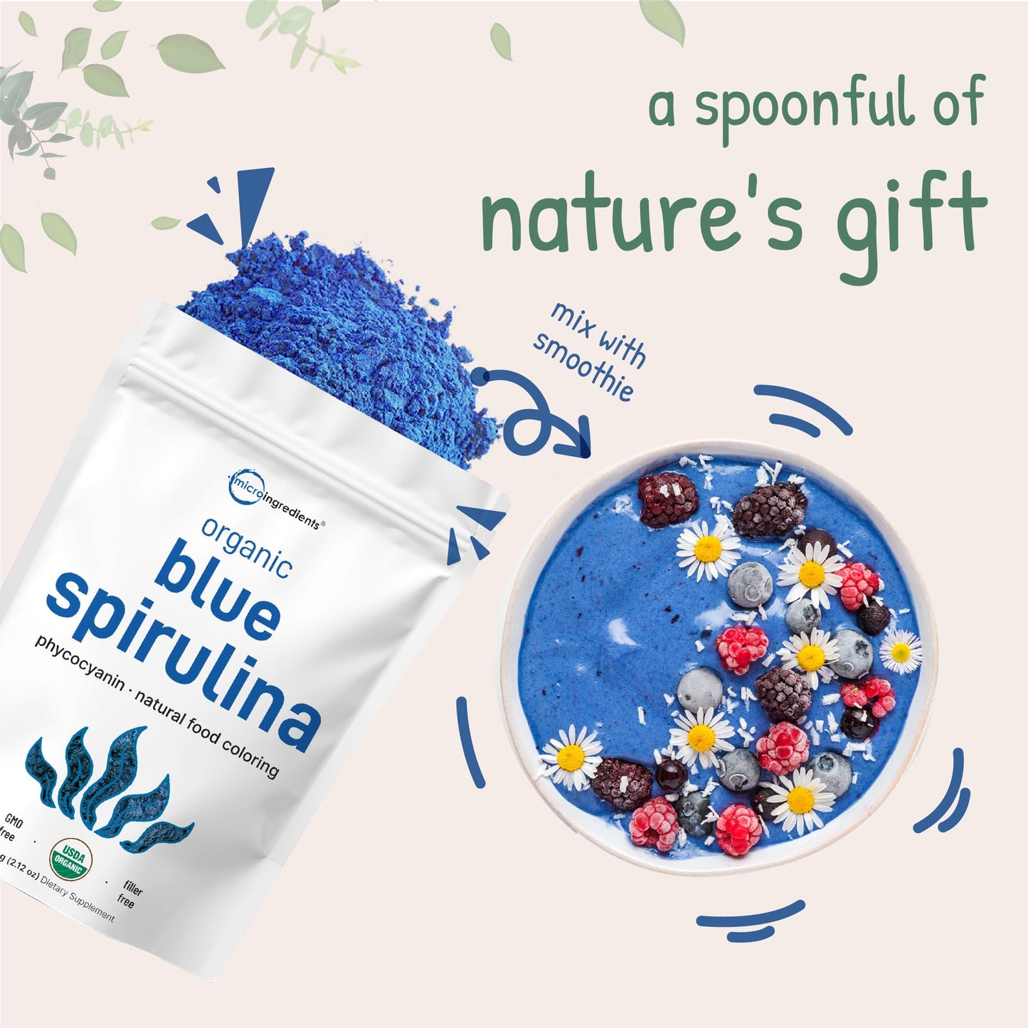 Pre-Order | Arrives in 5–10 Days – Organic Blue Spirulina Powder (Phycocyanin Extract), 60 Servings - No Fishy Smell, 100% Vegan Protein from Blue-Green Algae, Natural Luminous Food Coloring for Smoothies, Baking, Drinks & Cooking